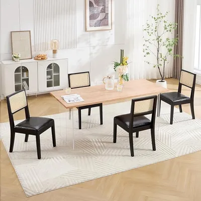 Imagen del producto de Juego de 4 sillas de comedor, estilo retro, madera, tapizadas en cuero sintético (PU), color