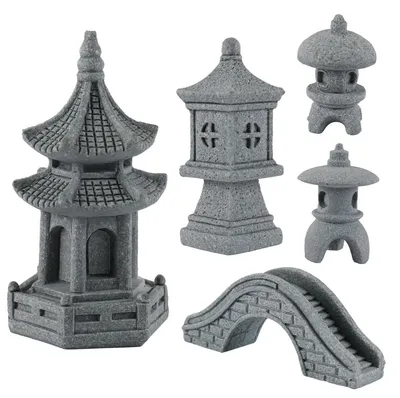 5er-Set japanische Pagoden, Laternen & Brücke aus Stein für Zen-Garten
