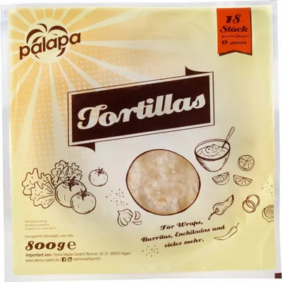 Packaging for Palapa Weizentortillas, featuring illustrations of ingredients and serving suggestions.