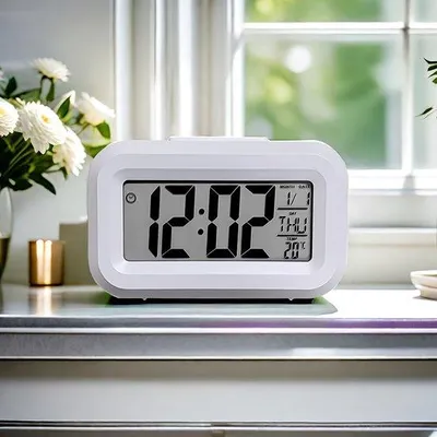 Produktbild von Studienwetterfach mit LED-Hintergrundbeleuchtung, multifunktionale intelligente Schreibtischuhr mit Temperaturanzeige, Kalender und Küchenuhr - weiß