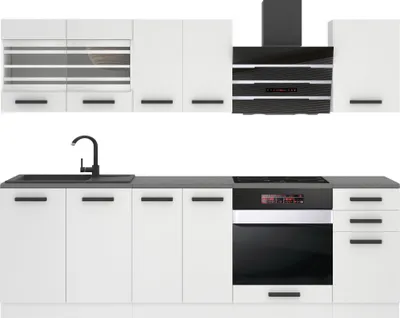 Image de Belini Cuisine bloc Margaret - Meubles de cuisine 240 cm Cuisine équipée sans appareils électroménagers avec placards et armoires basses, avec plans de travail, blanc mat