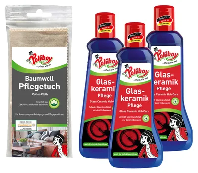 Produktbild von Poliboy Glaskeramik Pflege - 3x200ml - mit Einbrennschutz - Kochfeldreiniger für Glaskeramik - Mit Baumwolltuch - 99A4501