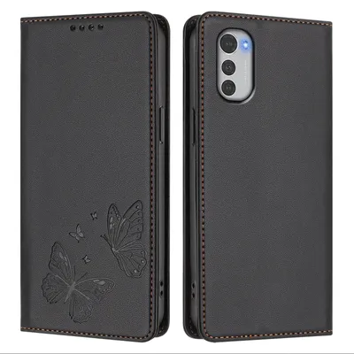 Produktbild von Lederhülle für Motorola Moto E32, Schmetterling Prägung Leder Brieftasche Schutzhülle mit Ständer Schwarz