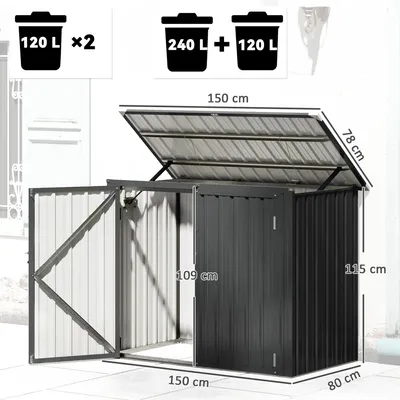 Image de Abri pour deux poubelles - Pour poubelles de 240 litres - Acier galvanisé - Étanche - Fermeture par clé - 304,8 x 243,8 cm - Gris foncé