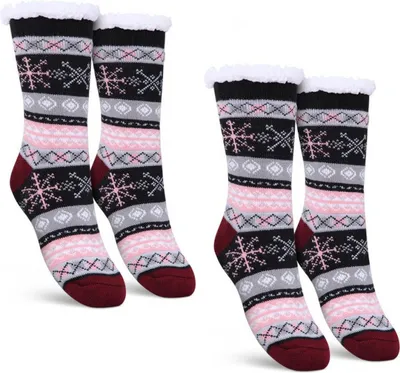 Produktbild von Stoppersocken (Schwarz / 2 Paar) Damen mit Teddyfutter Haussocken - Hüttensocken mit Anti-Rutsch-Sohle - ABS Norweger Socken Zopfmuster - Kuschelsocken Einheitsgröße