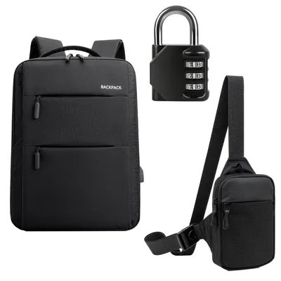 Image de Kit de sécurité de voyage ProximaX 3 pièces : sac à dos pour ordinateur portable avec cadenas à combinaison + pochette de poitrine pour une sécurité maximale en voyage