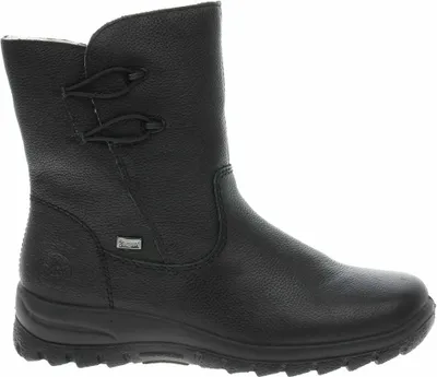 A black Rieker Chelsea boot for women is shown against a white background.
