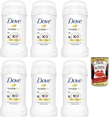 Produktbild von Dove, Deodorant Invisible Dry Stick, Anti -Draining Deo Stick, mit 1/4 feuchtigkeitsspendenden Creme, Nullflecken, 48 Stunden, mit nahrhaftem Öl, 6x 40 ml + Italian Gourmet polpa 400g