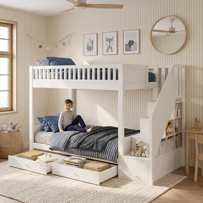Immagine prodotto di Letto a castello 90x200 cm, letto a castello bianco per bambini con scaletta contenitore, 2 cassetti sotto il letto e protezioni laterali, 2 posti letto, dimensioni totali 254x95x165 cm