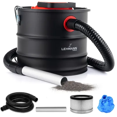 A LEHMANN ash vacuum cleaner with its accessories displayed on a white background.