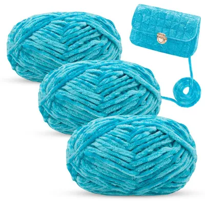 Zdjęcie produktu dla Wełna typu "chenille" do szydełkowania i robienia na drutach, włóczka aksamitna, 3 motki po 100g, kolor: błękitny, grubość: 6 mm