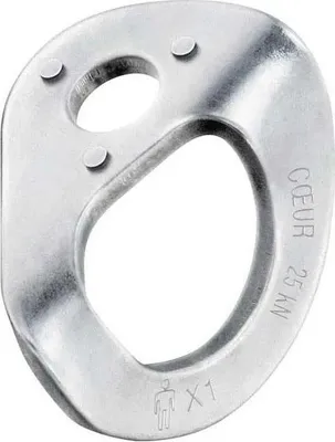 A close-up, isolated shot of a metal climbing anchor.
