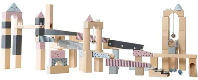 Produktbild von Holz-Kugelbahn ROBA – 80 Bausteine, 20 Glasskugeln – in den Farben Natur, Marine, Himmelblau und Rosa