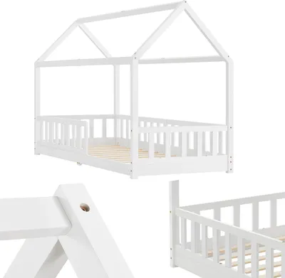A white wooden house-shaped bed frame with a slatted base and a roof structure, shown from a slightly elevated side angle. Close-up details of the bed's construction are also visible.
