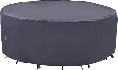 Imagen del producto de Funda para muebles de jardín, redonda, de 183x70 cm, impermeable, color gris. Cubierta protectora para mesas y conjuntos de jardín, resistente a los rayos UV, impermeable al viento, apta para el invierno y con protección contra la nieve, ideal para uso en verano e invierno