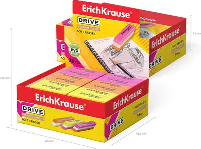 Produktbild von Radiergummi weich 5,5 x 1,5 x 1,3 cm weiß rosa gelb orange 36 Stück