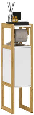 Immagine prodotto di HOMCOM Mobile Bagno Salvaspazio con Porta Carta Igienica, Armadietto e Ripiano in BambšŽ, 20x33x80cm, Bianco
