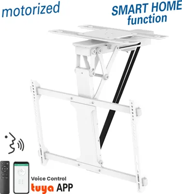 A white motorized TV ceiling mount is shown against a white background.