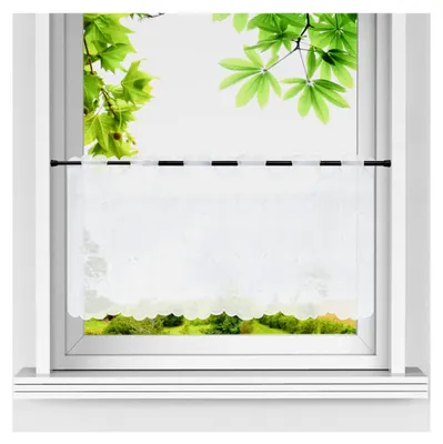 Produktbild von Voile Scheibengardine mit Blätterstickerei im Landhausstil, Kurzstore für die Küche, bestickter Kurzvorhang mit Stangenlöchern, Weiß, HxB 45x120 cm