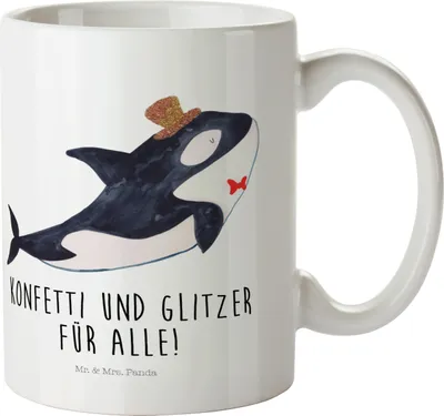 Produktbild von Mr. & Mrs. Panda Haferl Orca Zylinder - Weiß - Geschenk, Geburtstag, Pott, Trinklernbecher, Campingbecher, Narwal, Urlaub, Fest, Glitter, Reisebecher, Plastikbecher
