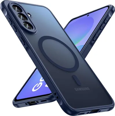 A dark blue phone case with a magnetic ring is shown diagonally, with a phone screen visible underneath.