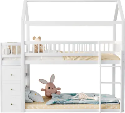 Produktbild von okwish Etagenbett Stockbett in Hausform 90x200cm mit Aufbewahrungskommode und Regalen, Hochbett mit Rausfallschutz, Holzbett Kinderbett Bettgestell mit 1*Lattenrost,Weiß