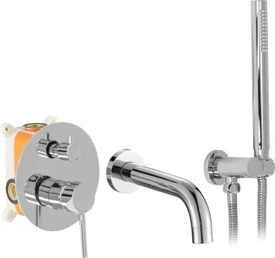 A set of chrome bathroom fixtures, including a wall-mounted faucet, a shower head with hose, and a concealed valve system.