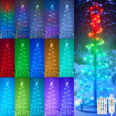 A collage of LED spiral Christmas trees in various colors, with a larger image of one tree in a snowy outdoor setting.