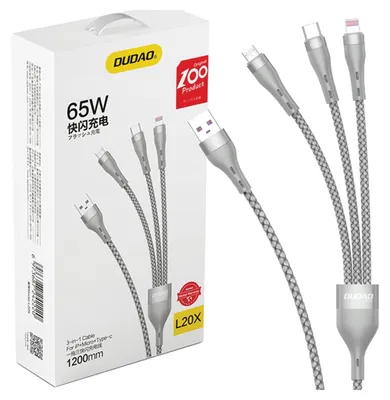 Image de Dudao 3W1 Cable Usb - Lightning / Microusb/ Usb Type C 65W 1,2M Szary (L20X)