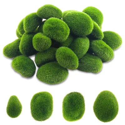 Image de 30 pierres moussues artificielles, 3 tailles de pierres vertes recouvertes de mousse, boules de mousse artificielles pour la décoration de jardin, décorations en mousse artificielle pour plantes en pot