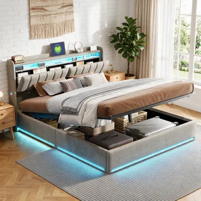 Immagine prodotto di Letto imbottito INONEFT, modello boxspring, 140x200 cm, con LED e prese USB, struttura letto con rete a doghe e spazio contenitore, letto matrimoniale con cassettone, rivestito in velluto grigio, senza materasso