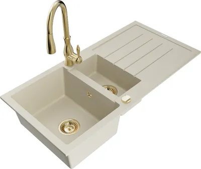 Produktbild von Mexen Andres 1,5-Becken-Granitspüle mit Abtropffläche und Mischbatterie Savita, Beige - 6515-69-672601-50