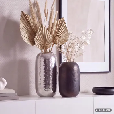 Image de FineBuy Deko Vase Set de 2 Aluminium Argenté Noir-Bronze Vase de fleurs Moderne Vase de décoration Martelé Rond 2 pièces Métal pour fleurs Alu Vase de table, Image générée par une IA
