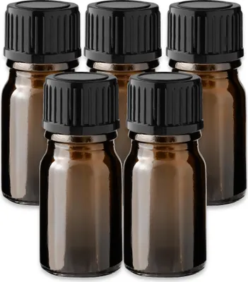 Produktbild von 5x Glasflasche Braun 5 ml mit schwarzem Kunststoff Schraubverschluss