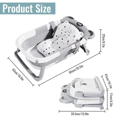 Image de Baignoire pour bébé - Baignoire pliable - Indicateur de température - Écran numérique - Pour bébés de 0 à 24 mois - Gris