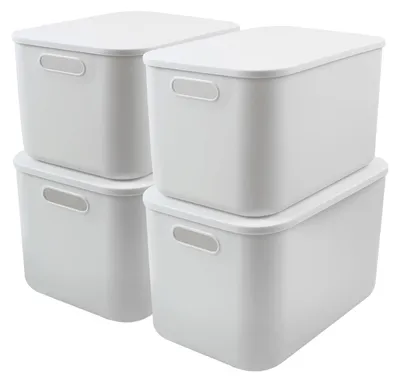 Produktbild von 4 stapelbare Aufbewahrungsboxen aus Kunststoff (23 l) mit Deckel, 37 x 26 x 24 cm, mit Griffen, weiß