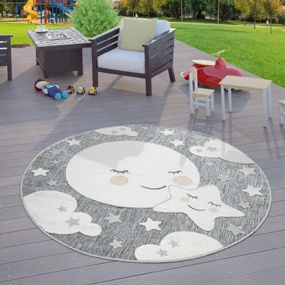 Produktbild von TT Home Kinderzimmer Outdoor Teppich Kinder Rund Spielteppich 3D Optik Mond Grau Größe 200 cm Rund