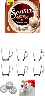 Produktbild von Senseo Pads Typ Cappuccino Baileys, 1er Pack  + 6 x Henkelbecher 300ml, Edelstahlschablonen Weihnachten