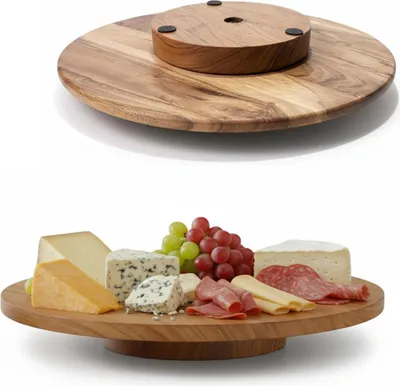 Produktbild von LS-LebenStil XL Servierplatte Drehteller Akazie 37cm Holztablett drehbar Drehtablett Vesperbrett Serviertablett Pizzateller Servierbrett Käseplatte