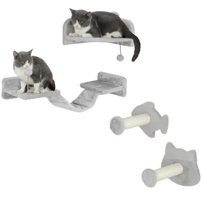 A set of four grey cat climbing wall accessories, including shelves, a ladder, and scratching posts, with two cats present on some of the accessories.