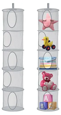 Image de Ensemble de rangement suspendu 2 pièces, panier suspendu à 5 étages, sac suspendu pliable en filet pour peluches, idéal pour la chambre d'enfant, la salle de bain et le balcon (gris)