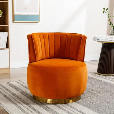 Produktbild von Moderner drehbarer Kuscheltonnen-Akzentsessel, runder Sessel mit 360°-Drehfunktion, gepolsterter Schminkstuhl aus Teddy-Samt für Wohnzimmer, Schlafzimmer und Arbeitszimmer, Orange