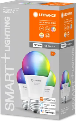 Produktbild von LEDVANCE Smarte LED-Lampe mit WiFi Technologie, Sockel E27, Dimmbar, Lichtfarbe änderbar (2700-6500K), RGB Farben änderbar, ersetzt Glühlampen mit 100 W, SMART+ WiFi Classic Multicolour, 3er-Pack