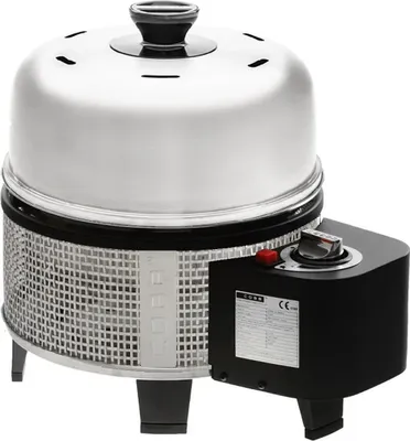 A stainless steel gas grill with a black control unit and legs, set against a white background.