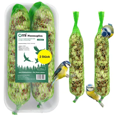 Produktbild von Orni Nusszapfen für Wildvögel 2 Stück | PREMIUM Ganzjahres Vogelfutter mit Erdnüssen und Saaten | Vogelfutter zum Aufhängen, KI-generiertes Bild