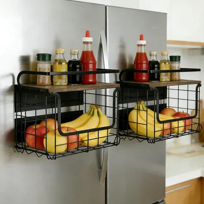 Produktbild von 2 Stück Hängekorb Küche mit Holz Deckel,Stapelbar Obstkorb Hängend Drahtkorb für Arbeitsplatte oder Wandmontage,Aufbewahrungskorb Küchenorganizer
