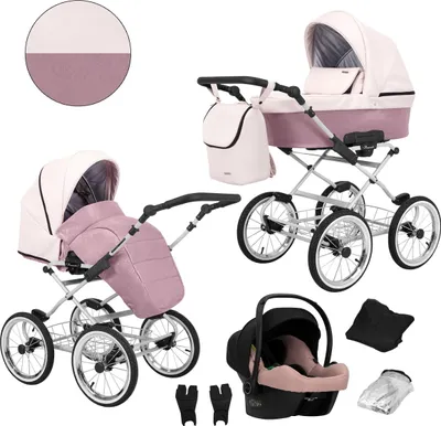 Image de Kunert Romantic 3 en 1 poussette éco-cuir en blanc/rose avec siège auto Cosmo et cadre gris