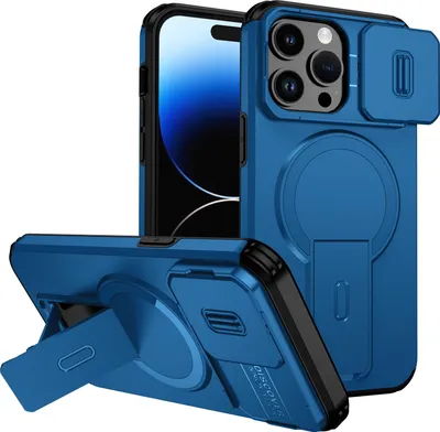 Obrázek produktu pro Magnetické pouzdro pro iPhone 14 Pro, dvouvrstvé odolné pouzdro s posuvnou ochranou fotoaparátu a nastavitelným stojánkem Modrá