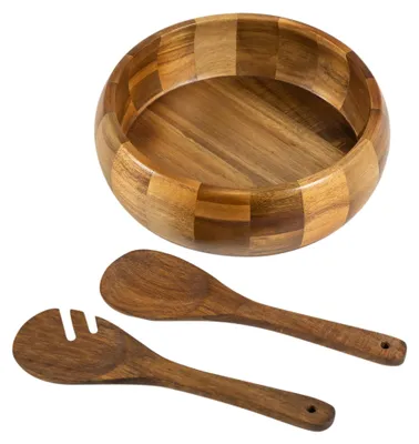 Saladekom aus Akazienholz mit Besteck, 25,5 cm