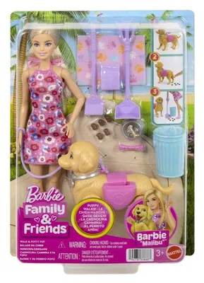 Zdjęcie produktu dla Lalka, Mattel Barbie JJB46, spacer z szczeniakiem, robi kupkę, w zestawie akcesoria